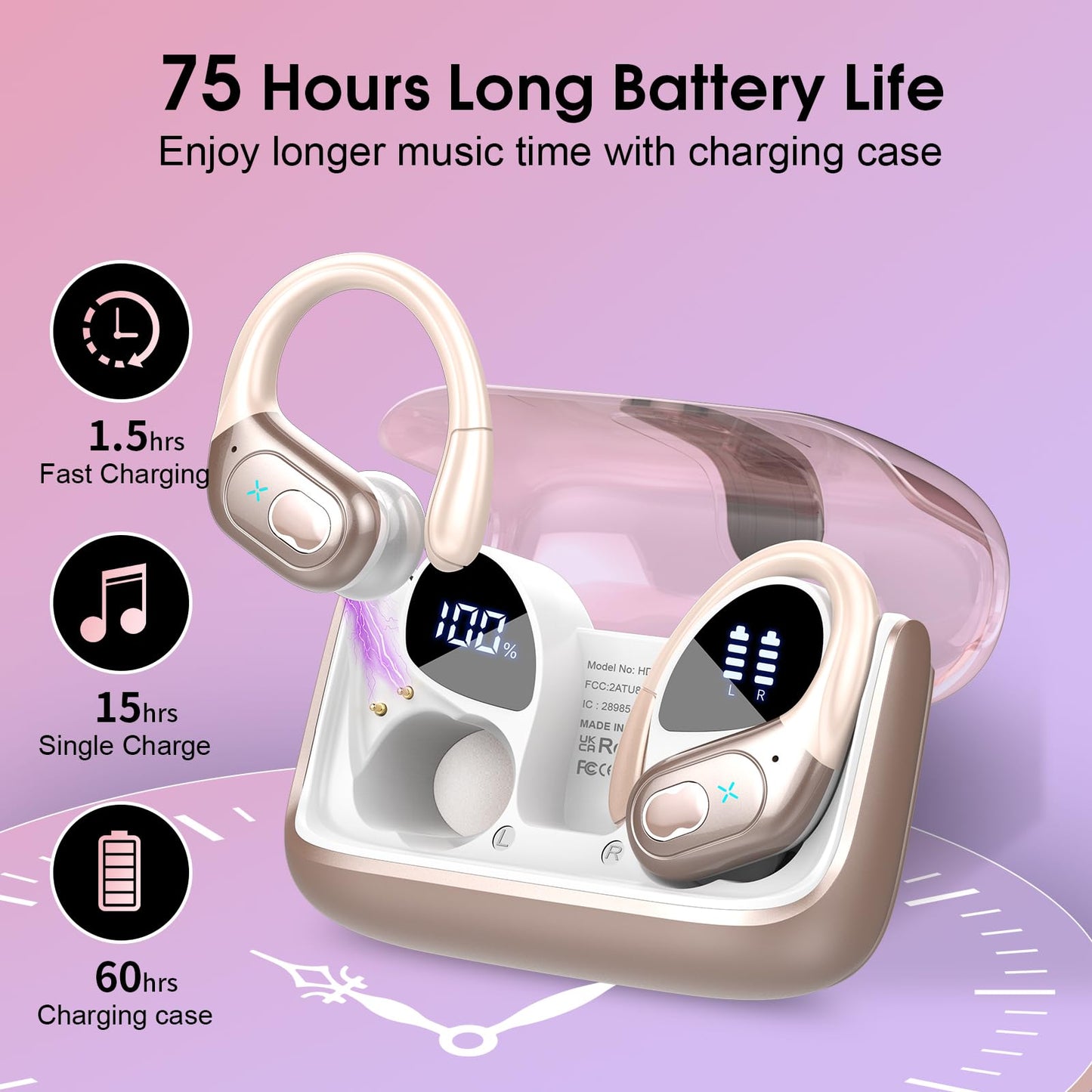 STECEi Wireless Earbuds β 75H Bluetooth 5.4 Earphones with ENC Noise Cancelling Mics, HiFi Stereo Sound, Earhooks, IP7 Waterproof for Running, Gym & Sports (Black)