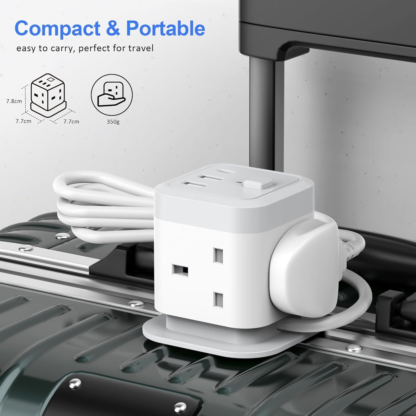 Cube Extension Lead with USB Slots, 4 Way Multi Plug with 2 USB A and 1 USB C Ports, UK Power Strip Surge Protected Extension Tower with Switch and 1.5M Cable Cord for Home, Kitchen, Office