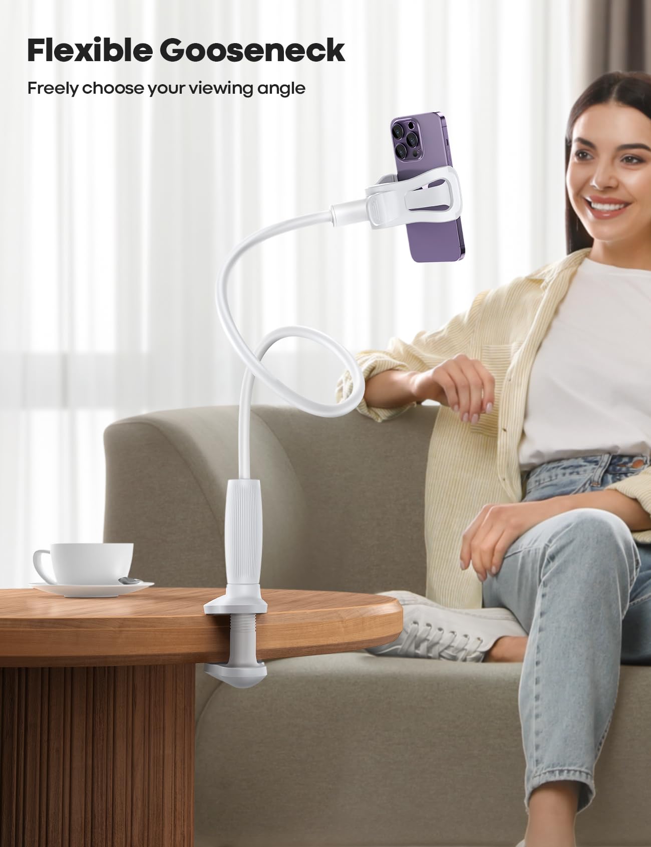 Lamicall Gooseneck Bed Phone Holder - Universal Flexible Lazy Arm for Desk, 360 Overhead Phone Mount Clip for iPhone 16 15 14 13 12 11 Series, Xs XR, Samsung, 4-7”