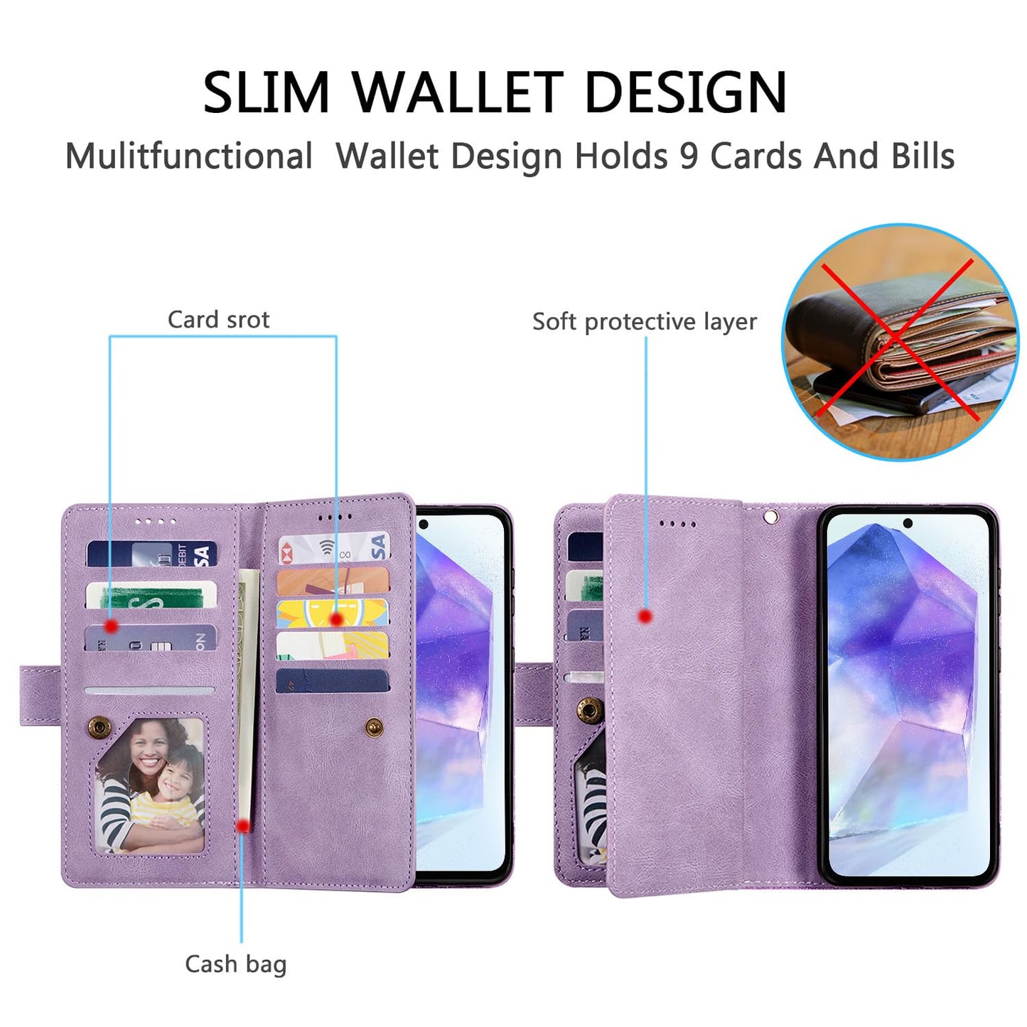 UEEBAI Wallet Case for Samsung Galaxy A15 – Retro PU Leather Flip Cover with 9 Card Slots, Zipper Pocket, Magnetic Closure, Kickstand & Wrist Strap, Shockproof Protective Case