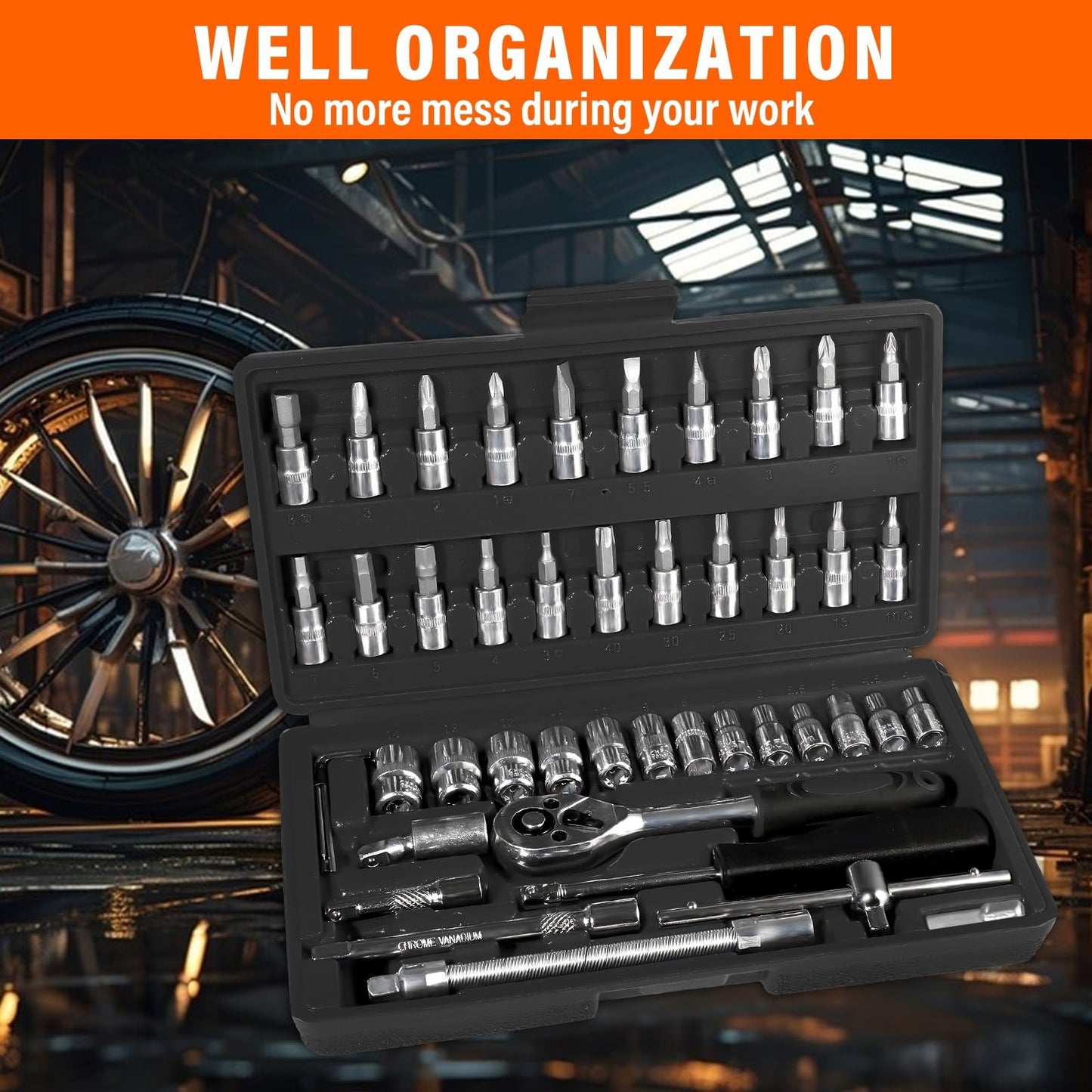 Takezuaa 46 Pieces Socket Wrench Set,Drive Ratchet Wrench Bits & Driver,with Flexible Extension Rods,Quick Release Reversible Ratchet,Spanner Sets with Storage Case