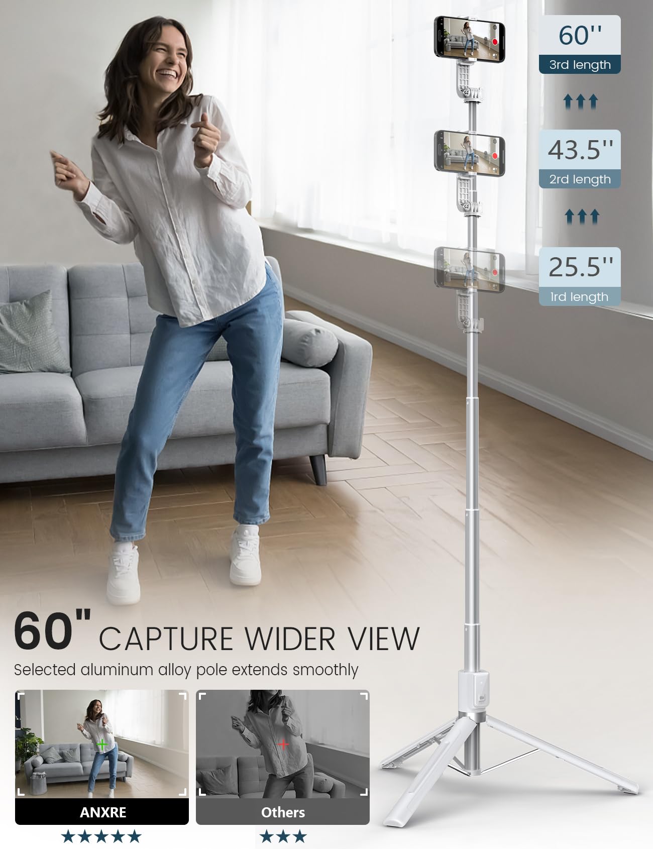 ANXRE Selfie Stick with Reinforced Tripod – 50” Extra Long Adjustable Phone Tripod with Detachable Wireless Remote, Compatible with iPhone & Samsung Smartphones