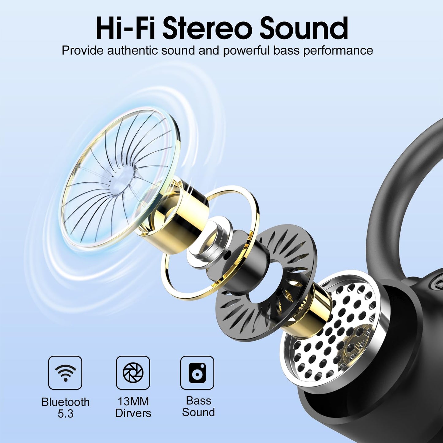 Waterproof Wireless Earbuds Bluetooth 5.3 – 4 ENC Noise Canceling Mics, 50H Battery, Dual LED Display, Sport Earhooks