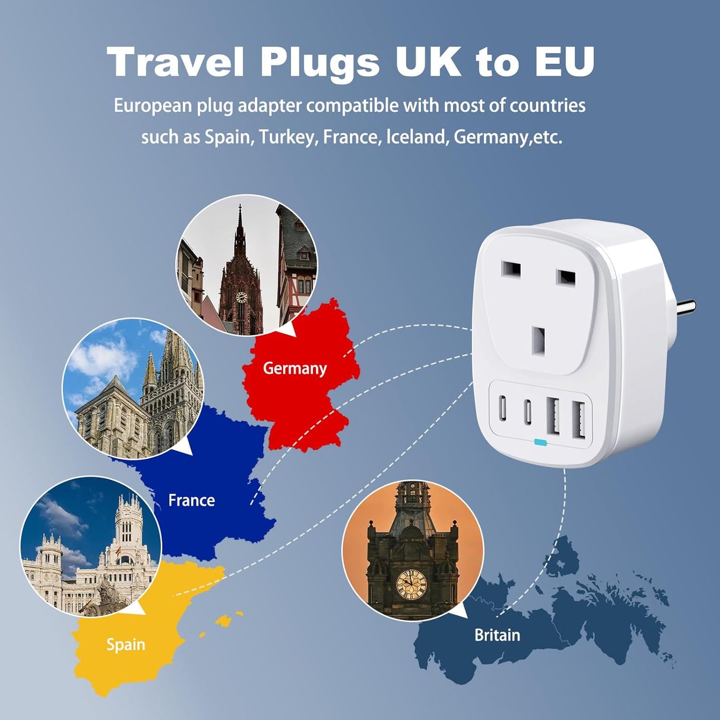 UK to European Plug Adapter, EU USB & USB C Travel Adaptor for Germany,France,Turkey,Spain,Greece,Poland,Egypt,Portugal,Crotia,Iceland, 5 in 1 UK to Europe Power Plugs with 2 USB & 2 USBC Ports