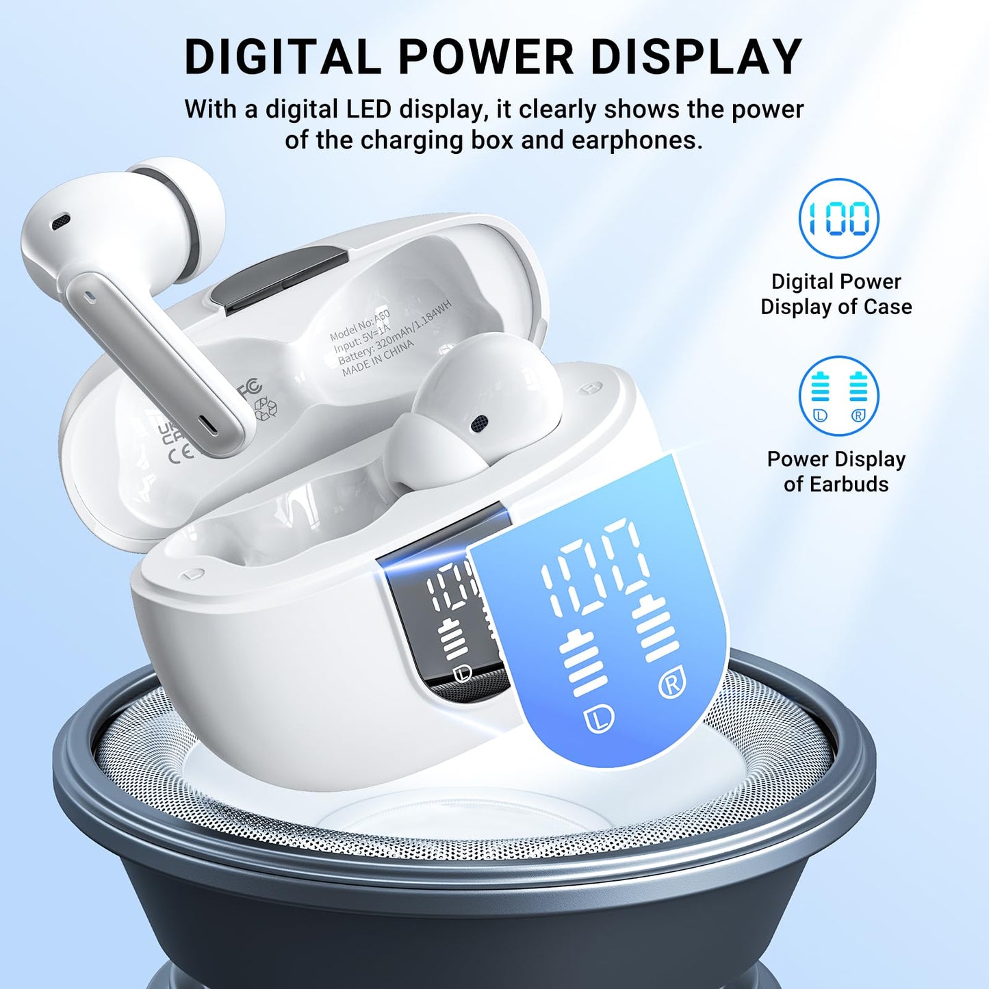 Wireless Earbuds,Earphones Bluetooth 5.3 in Ear with 4 Mic ENC Calls Noise Cancelling Wireless Headphones Mini LED Display HiFi Stereo 42H Playtime Bluetooth Earbuds Touch Control