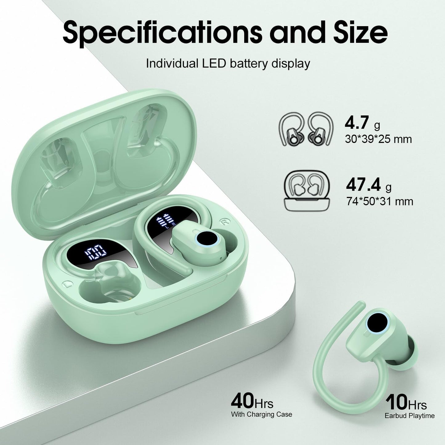Wireless Earbuds, 2023 Earphones Bluetooth 5.3 Headphones Wireless, Earbuds with Earhooks,Waterproof Stereo Headphones Sport, Dual LED Display, Black