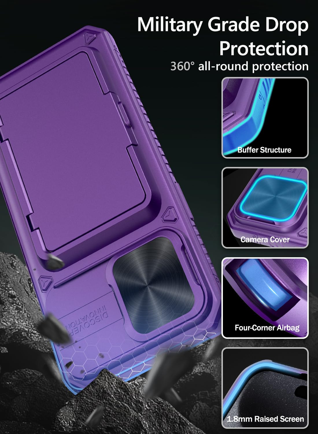 Vihibii for iPhone 15 Pro Max Case with Card Holder & Slide Camera Cover & Kickstand, Military Grade Drop Protection, Rugged Hard Back & Silicone Edge Wallet Phone Case