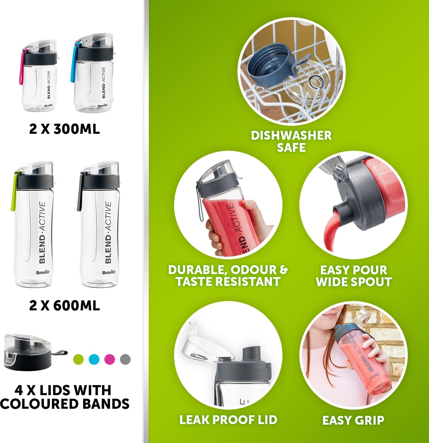 Breville Blend Active Personal Blender & Smoothie Maker | 350W | 2 Portable Blend Active Bottles (600ml) |Leak Proof Lids White & Green