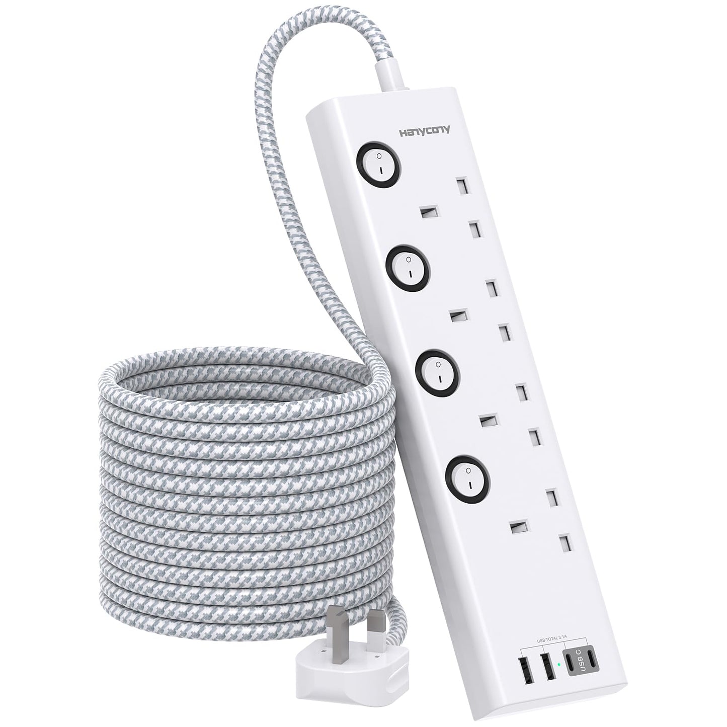 Extension Lead with 4 USB Slots(2 USB C), 4 Way Plug Extension Socket with Individual Switches, 1.8M Extension Cable, Wall Mount Extension Cord