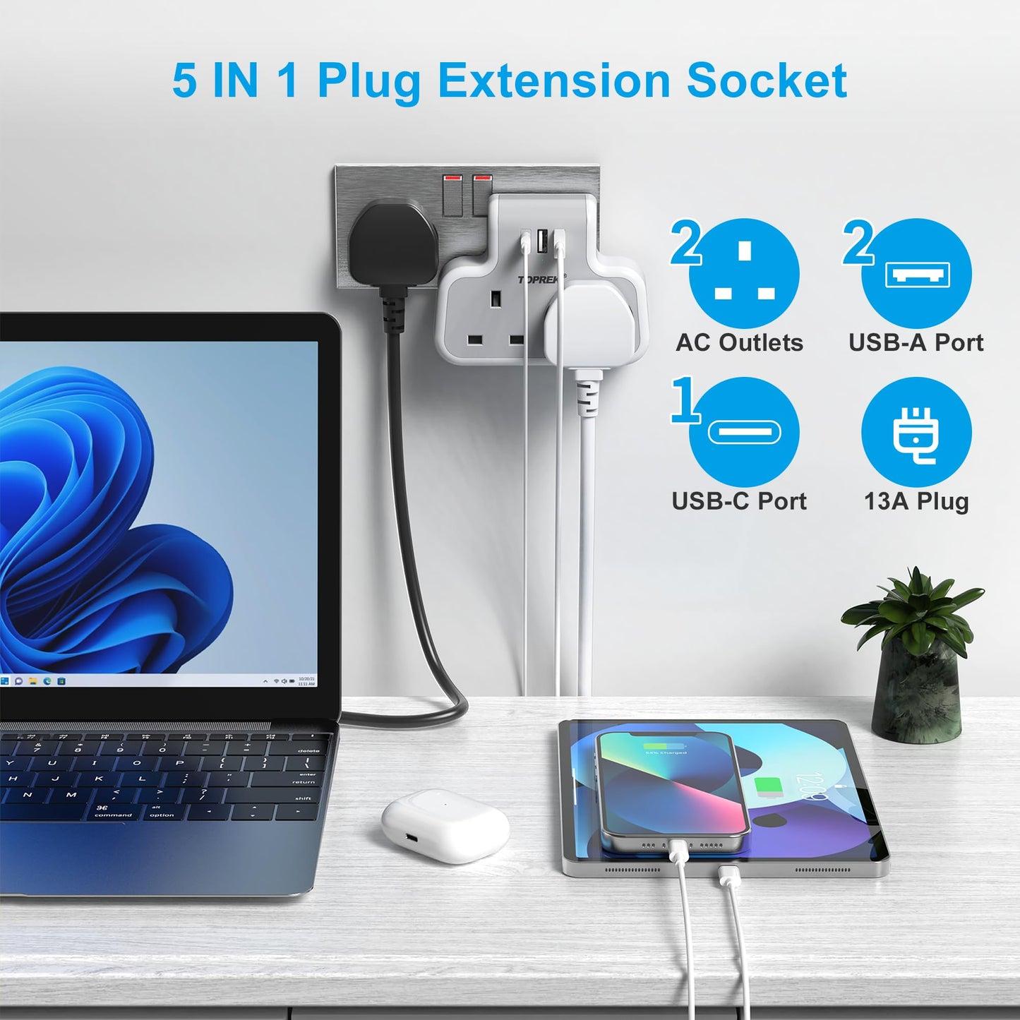 TOPREK Multi Plug Adaptor, Double Plug Adapter UK, 2USB-A & 1USB-C Plug Extension Socket, Slim Wall Extension Plug socket for Home, Office, Kitchen