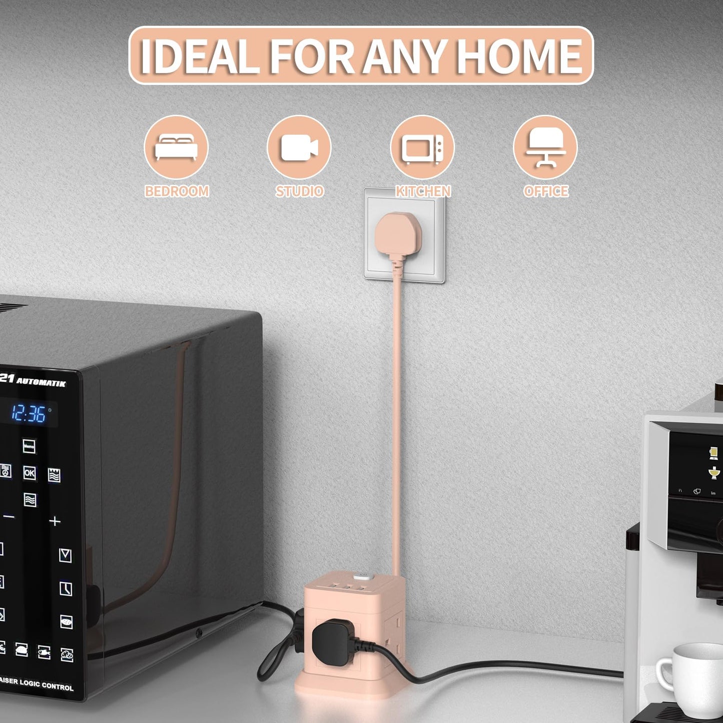 Cube Extension Lead with USB Slots, BEVA 4 Way Multi Plug Power Strip with 3 USB Ports, Desktop Power Extension Socket with 1.5M Extension Cords for Home Dorm Office