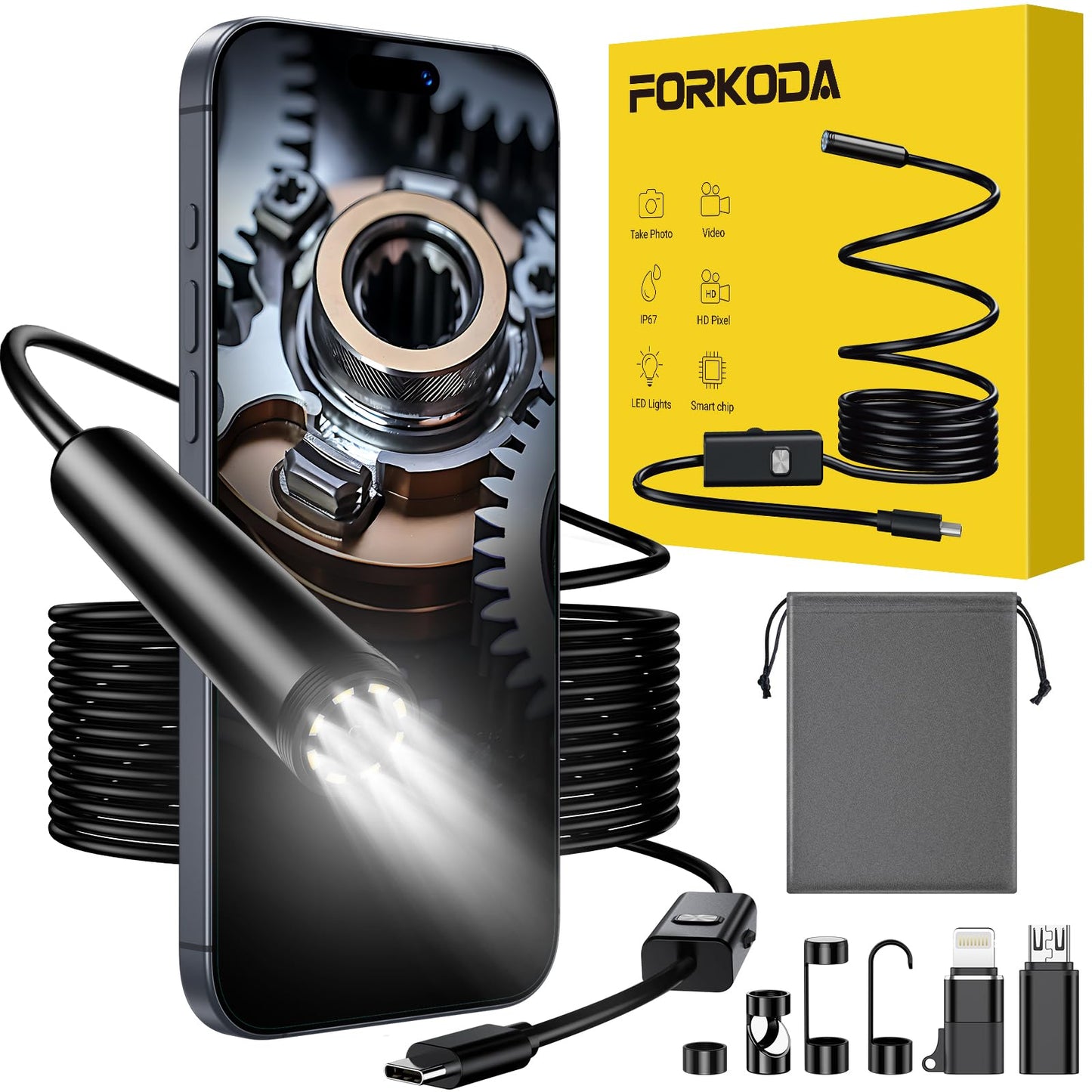FORKODA Endoscope Inspection Camera - 1920 HD Flexible Rigid Snake Inspection Camera, 8 LED Lights Adjustable IP67 Waterproof Probe Drain Endoscope Camera for Android and iOS(16.4 ft/ 5m)