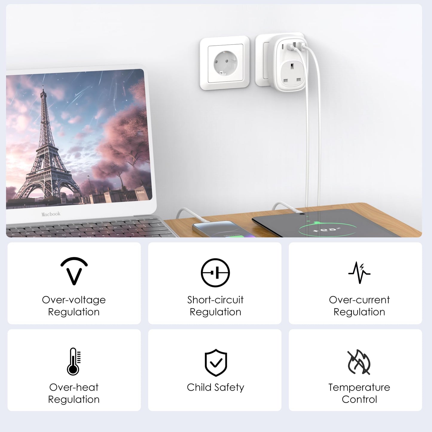 Tusreda UK to European Plug Adapter – USB-C Fast Charger, Grounded Type E/F Travel Adapter for Spain, France, Germany & More