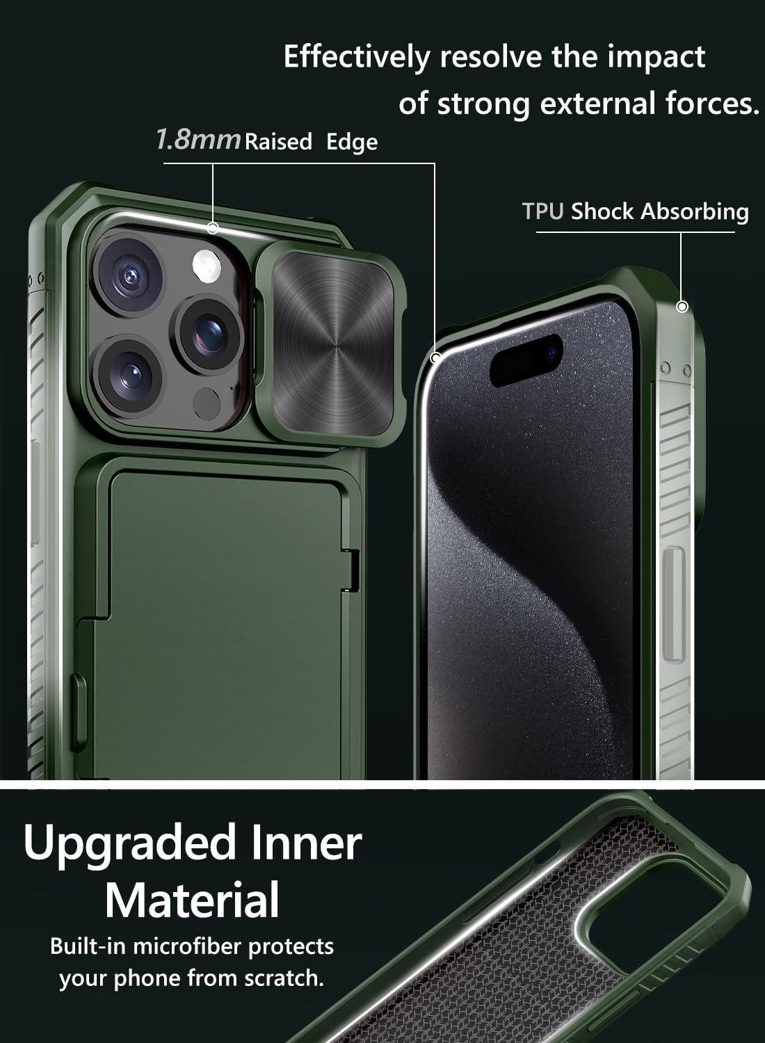 Vihibii for iPhone 15 Pro Max Case with Card Holder & Slide Camera Cover & Kickstand, Military Grade Drop Protection, Rugged Hard Back & Silicone Edge Wallet Phone Case