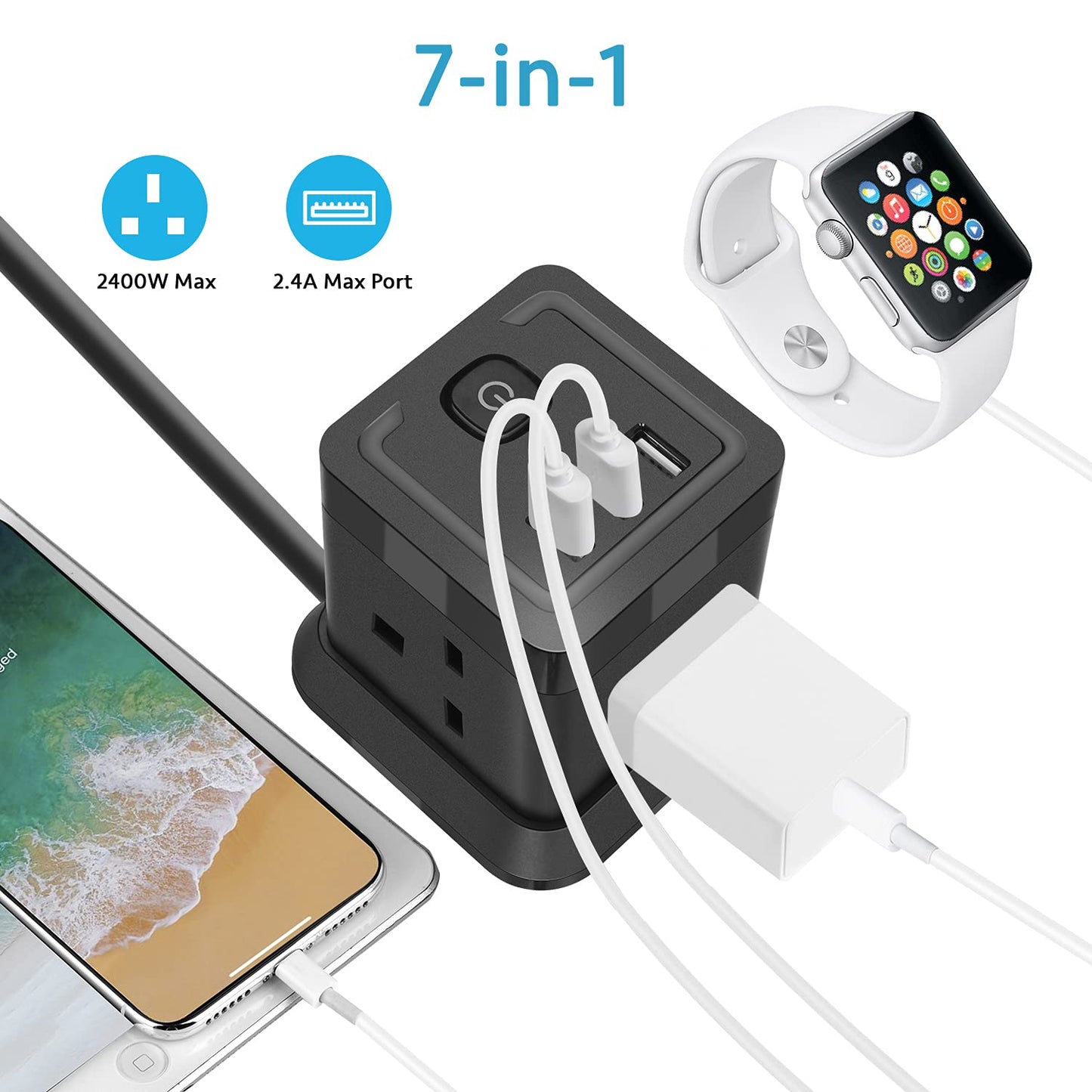 Cube Extension Lead with USB Slots, BEVA 4 Way Multi Plug Power Strip with 3 USB Ports, Desktop Power Extension Socket with 1.5M Extension Cords for Home Dorm Office