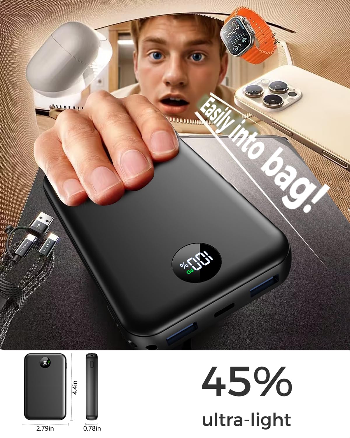 LKOUY 22.5W Super Fast Charging Power Bank – Ultra Slim, Lightweight, Triple Ports USB