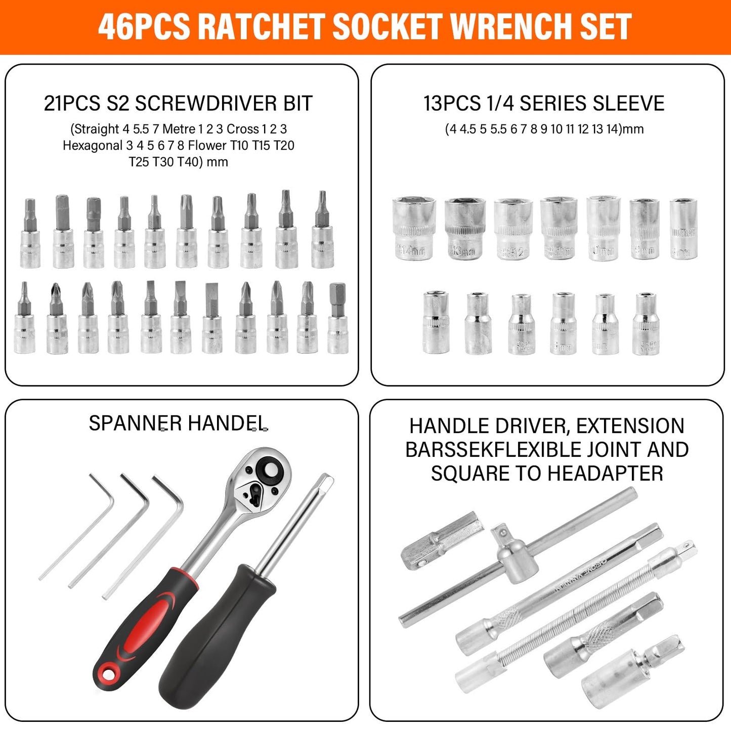 Takezuaa 46 Pieces Socket Wrench Set,Drive Ratchet Wrench Bits & Driver,with Flexible Extension Rods,Quick Release Reversible Ratchet,Spanner Sets with Storage Case