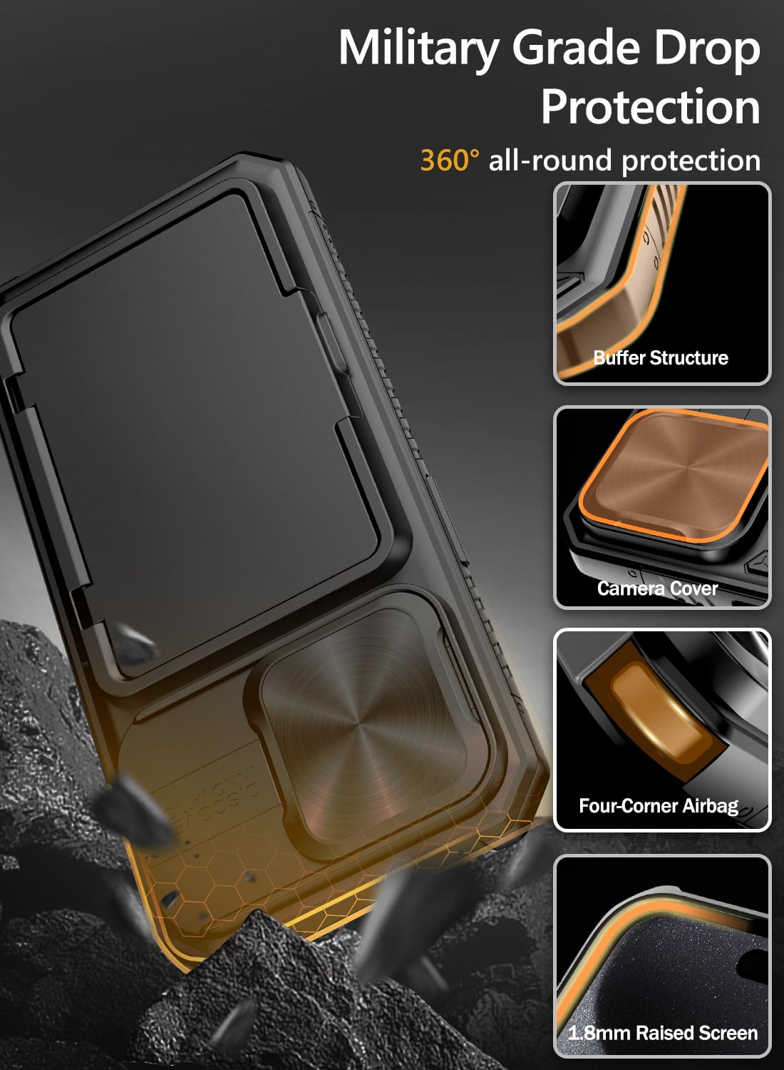 Vihibii for iPhone 15 Pro Max Case with Card Holder & Slide Camera Cover & Kickstand, Military Grade Drop Protection, Rugged Hard Back & Silicone Edge Wallet Phone Case