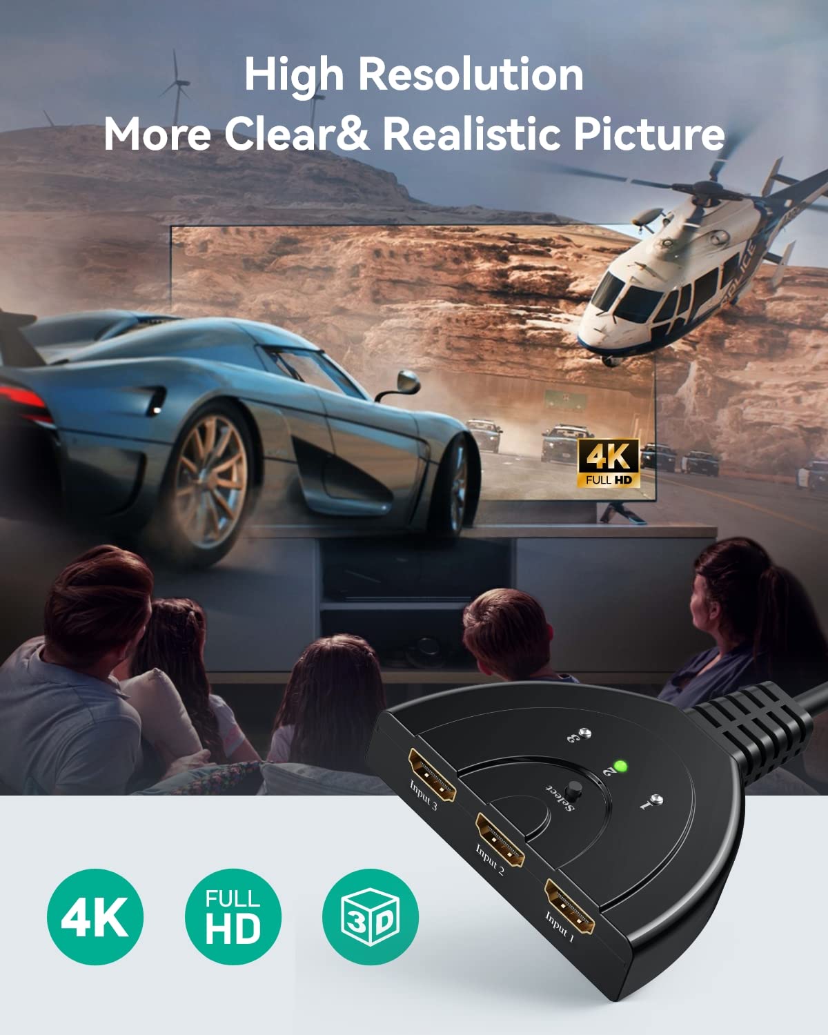 HDMI Switch, GANA Gold Plated 3-Port HDMI Switcher / HDMI Splitter / Supports Full HD 1080p/3D with High Speed Cable