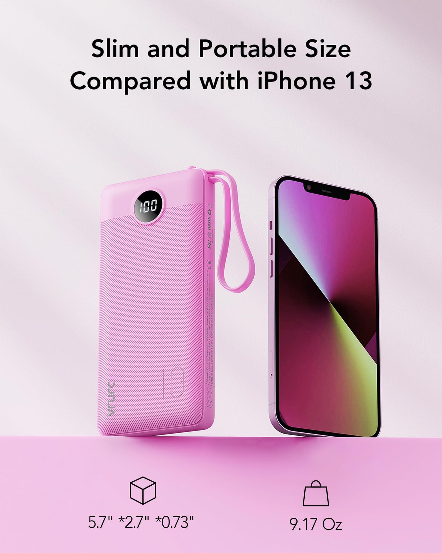 Power Bank With Built in Cables VRURC 10000mAh ,USB C Battery Pack Portable Charger with 5 Outputs 2 Inputs Powerbank LED Display compatible with iPhone 14 13 12 Samsung S21 S20 Xiaomi iPad