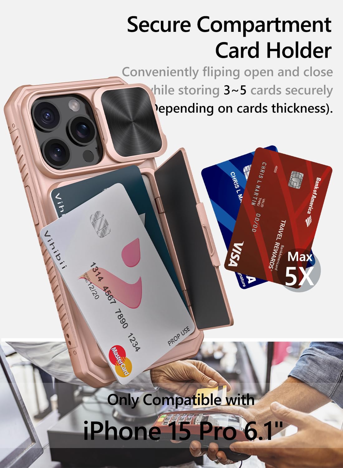 Vihibii for iPhone 15 Pro Max Case with Card Holder & Slide Camera Cover & Kickstand, Military Grade Drop Protection, Rugged Hard Back & Silicone Edge Wallet Phone Case