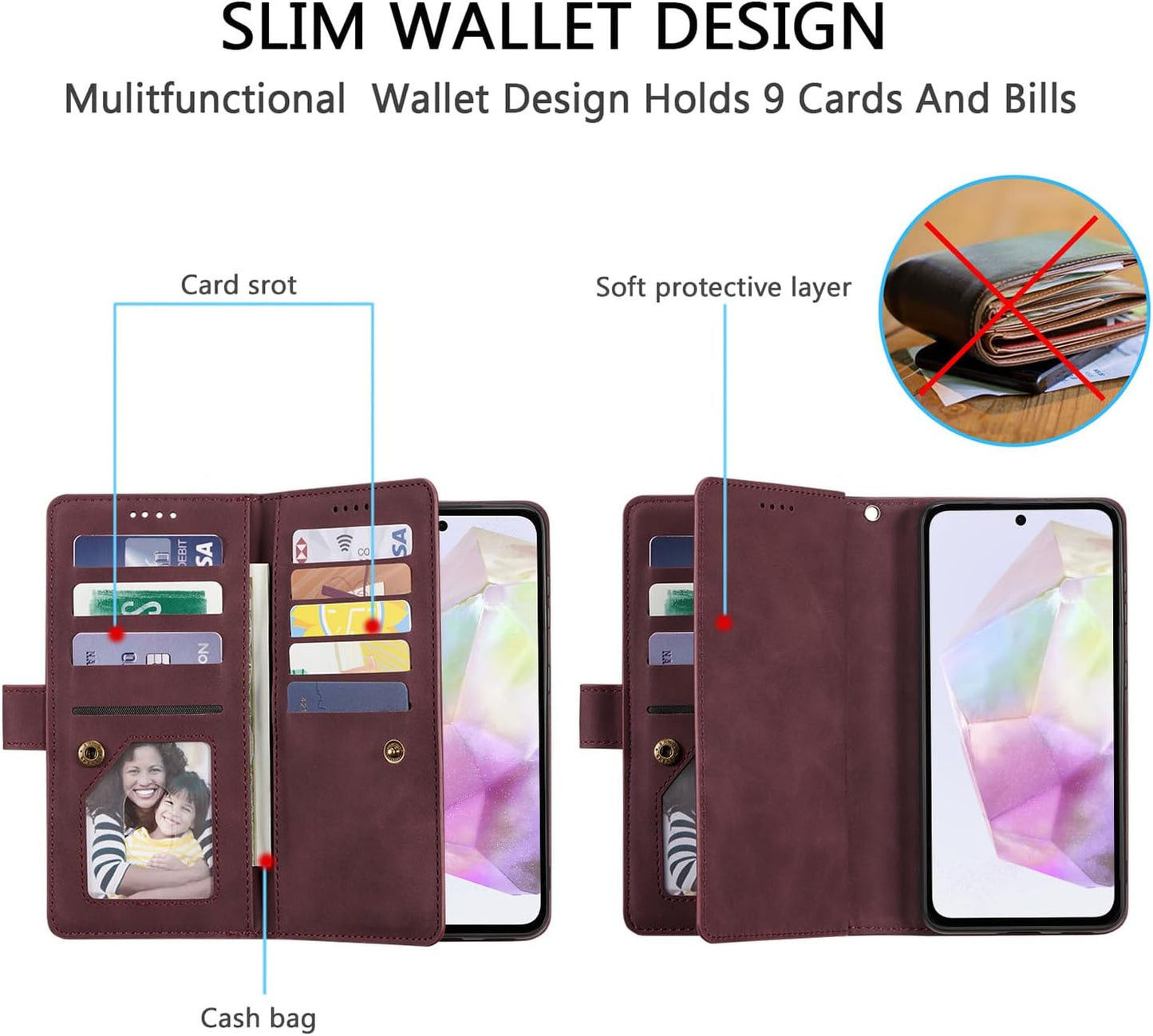 UEEBAI Wallet Case for Samsung Galaxy A15 – Retro PU Leather Flip Cover with 9 Card Slots, Zipper Pocket, Magnetic Closure, Kickstand & Wrist Strap, Shockproof Protective Case