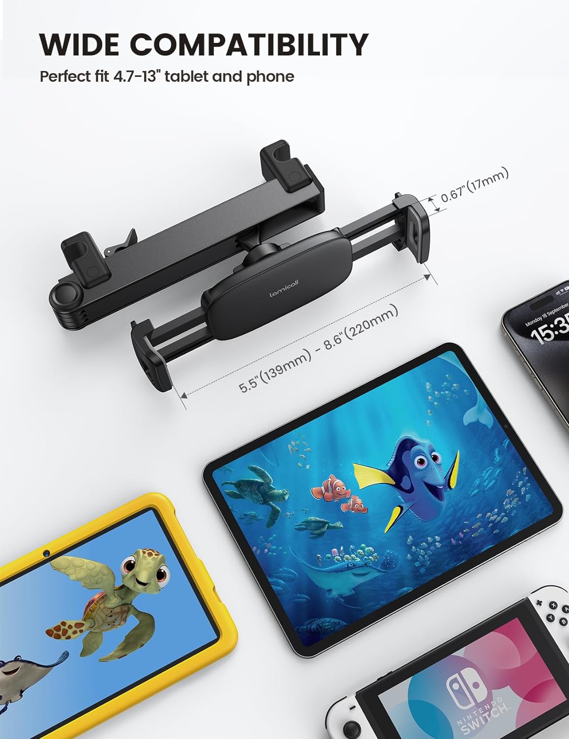 Lamicall Car Headrest Tablet Mount - 2024 Stretchable Car Tablet Holder, 360 Rotating Backseat Mount for Kids, fit iPad Pro 2024, Air 6, Mini, Switch, Phone, 4.7-13"