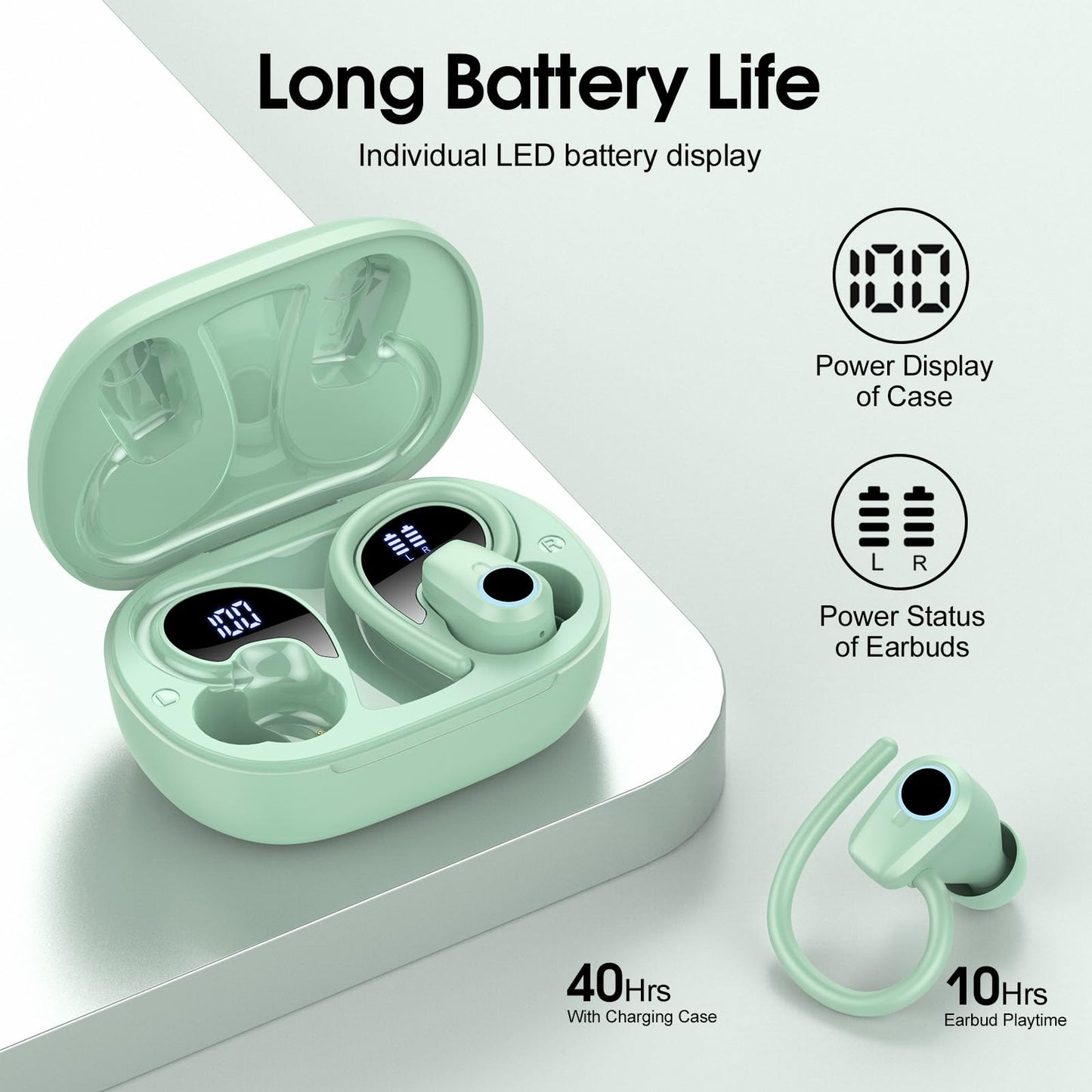 Waterproof Wireless Earbuds Bluetooth 5.3 – 4 ENC Noise Canceling Mics, 50H Battery, Dual LED Display, Sport Earhooks
