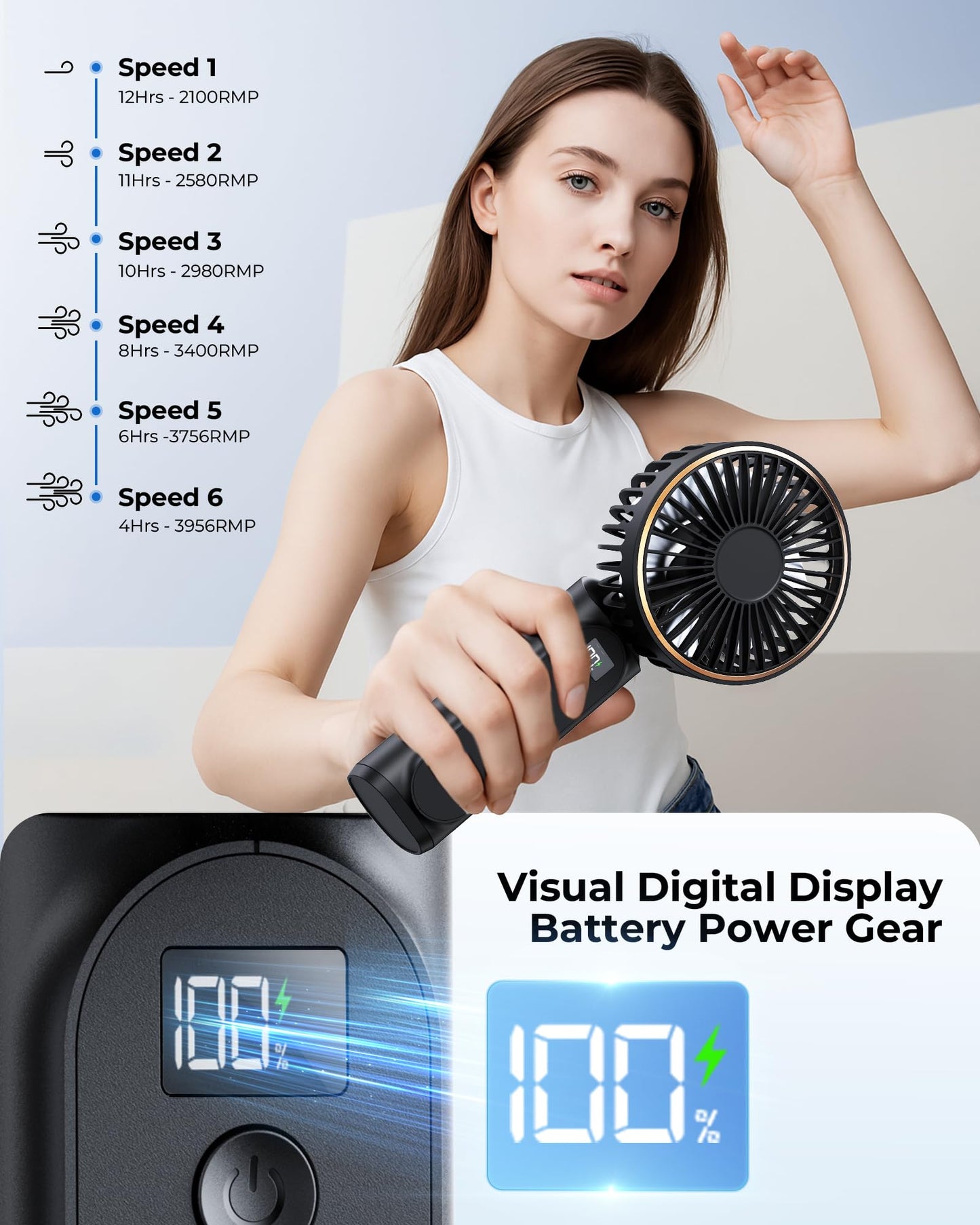 TUNISE Handheld Fan – 4000mAh Portable Rechargeable Fan with LED Display, 6 Speeds, 180° Adjustable, Power Bank Function for Travel & Home