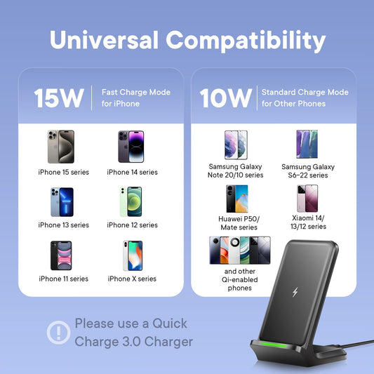 Wireless Charger, 15W Wireless Charging Stand, Wireless Charging Station for iPhone/Pro/Max/Plus, Samsung Galaxy and Qi-Enabled Phone