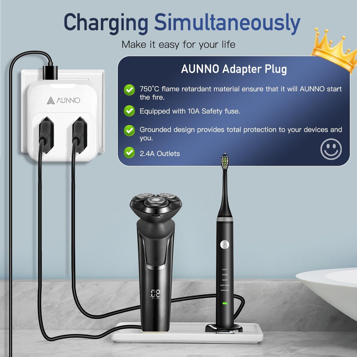 AUNNO Double Shaver Plug Adaptor UK with 2 USB Ports, 2500W 4 in 1 Plug Adapter for Bathroom Electric Razor and Electric Toothbrush etc, 2 Pin to 3 Pin Plug Adapter with 10A Fuse