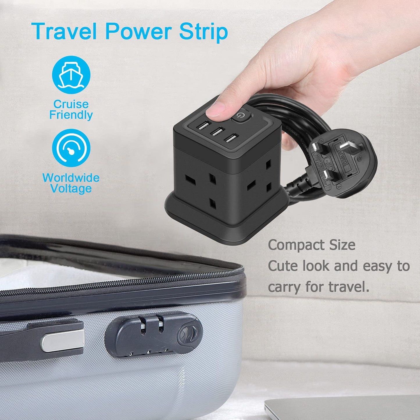 Cube Extension Lead with USB Slots, BEVA 4 Way Multi Plug Power Strip with 3 USB Ports, Desktop Power Extension Socket with 1.5M Extension Cords for Home Dorm Office
