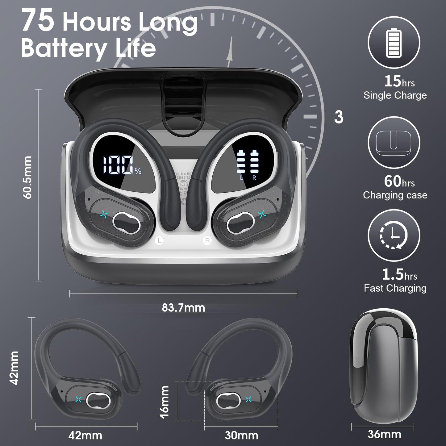 STECEi Wireless Earbuds β 75H Bluetooth 5.4 Earphones with ENC Noise Cancelling Mics, HiFi Stereo Sound, Earhooks, IP7 Waterproof for Running, Gym & Sports (Black)