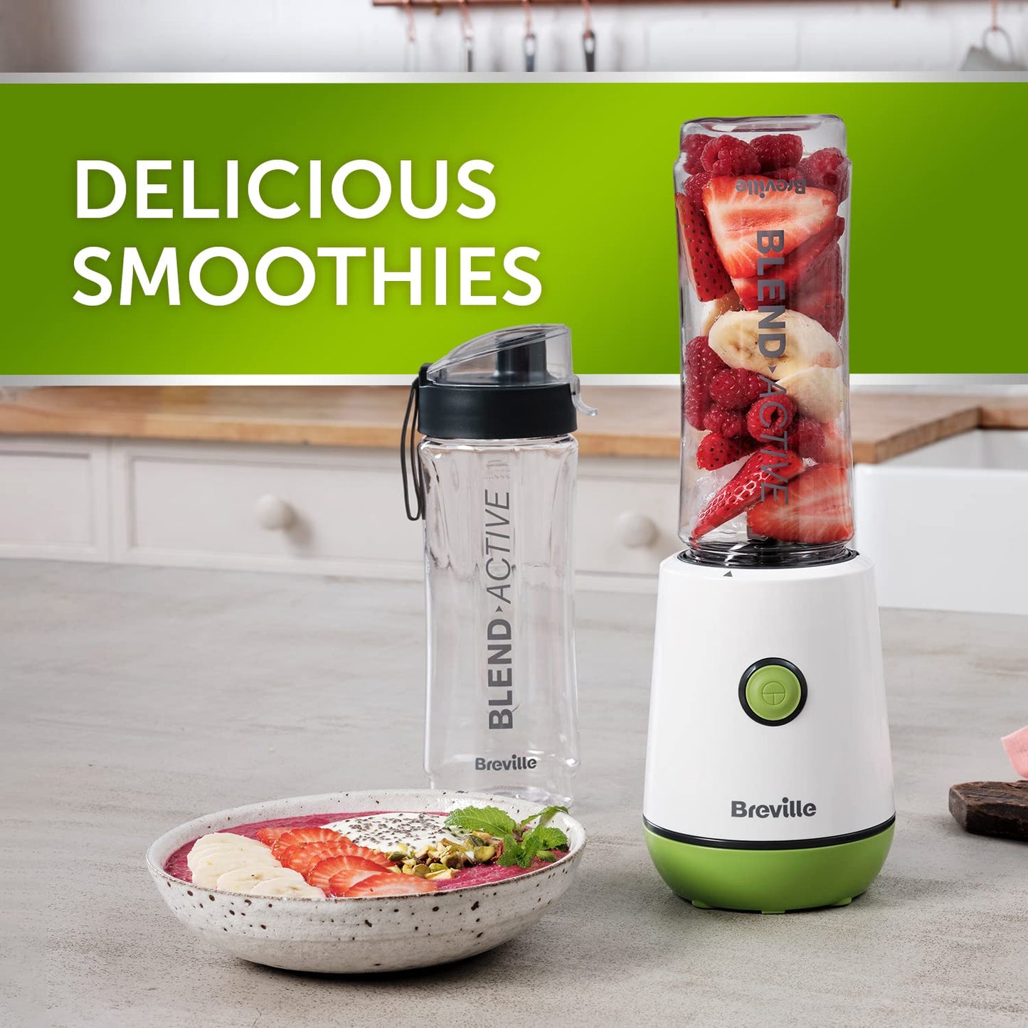 Breville Blend Active Personal Blender & Smoothie Maker | 350W | 2 Portable Blend Active Bottles (600ml) |Leak Proof Lids White & Green