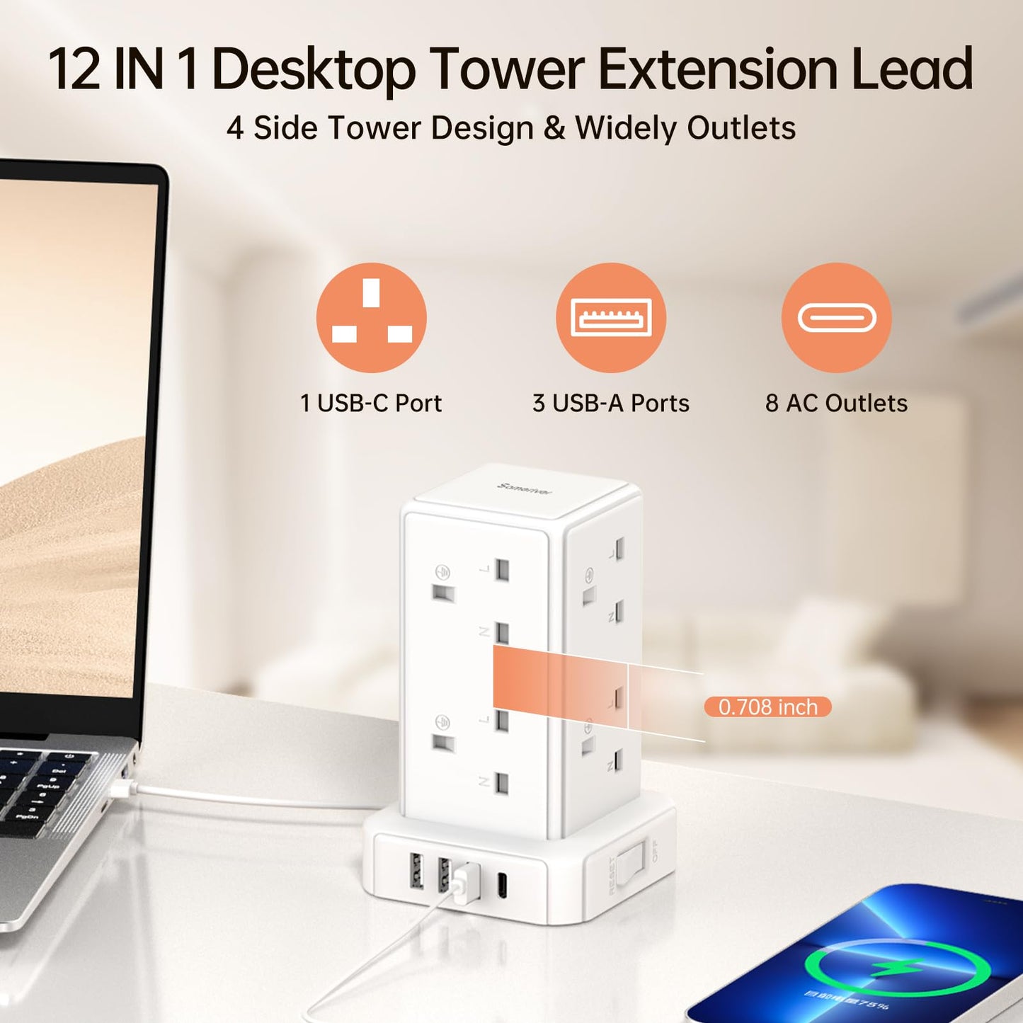 Tower Extension lead with USB Slots, 8 Way Extension Lead Surge Protection with Switch 8 AC Outlets & 4 USB Ports Plug Extension Socket Cable 2M Mini Power Strip for Home