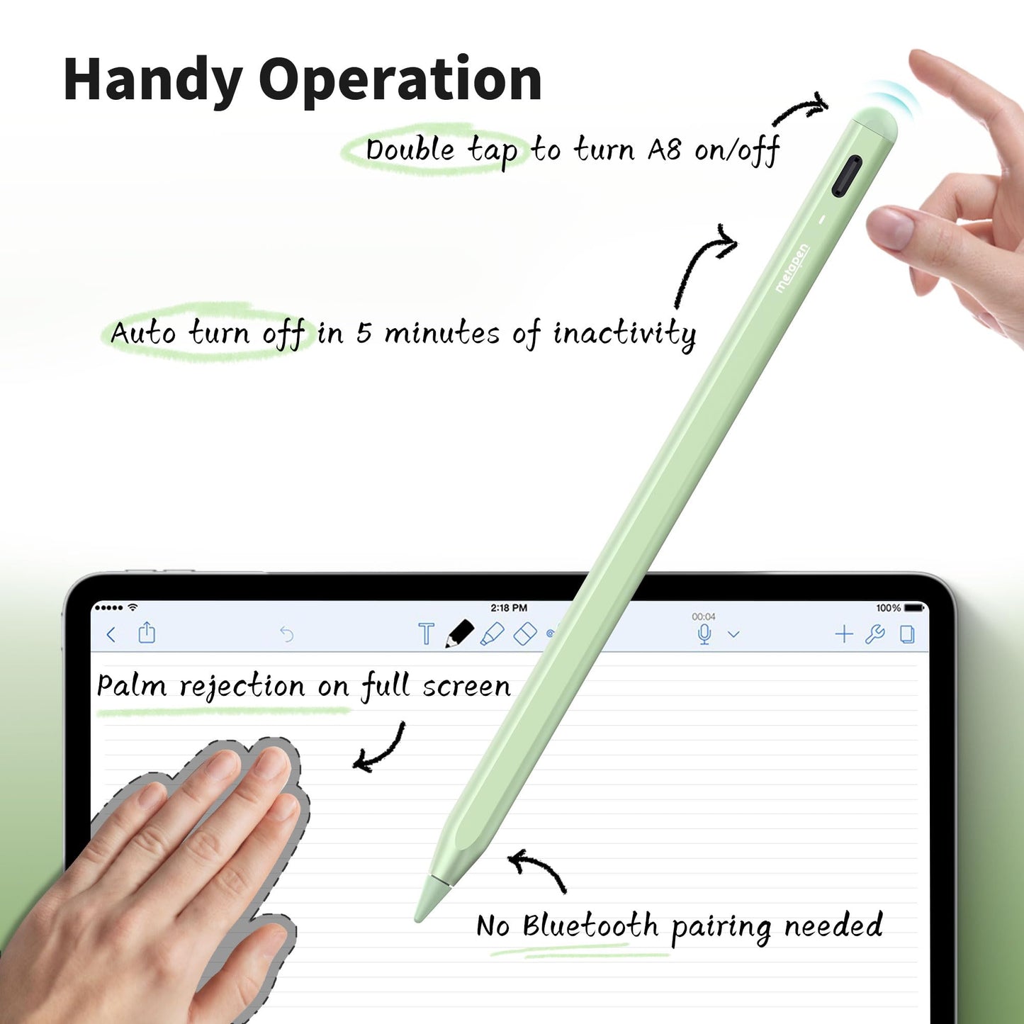Metapen Pencil A8 Compatible iPad 2X Faster Charge, Palm Rejection, Tilt Sensitivity Stylus Pen Compatible Apple iPad/ Pro 12.9/11/13 Inch, iPad Air 3-6, iPad Mini 5/6