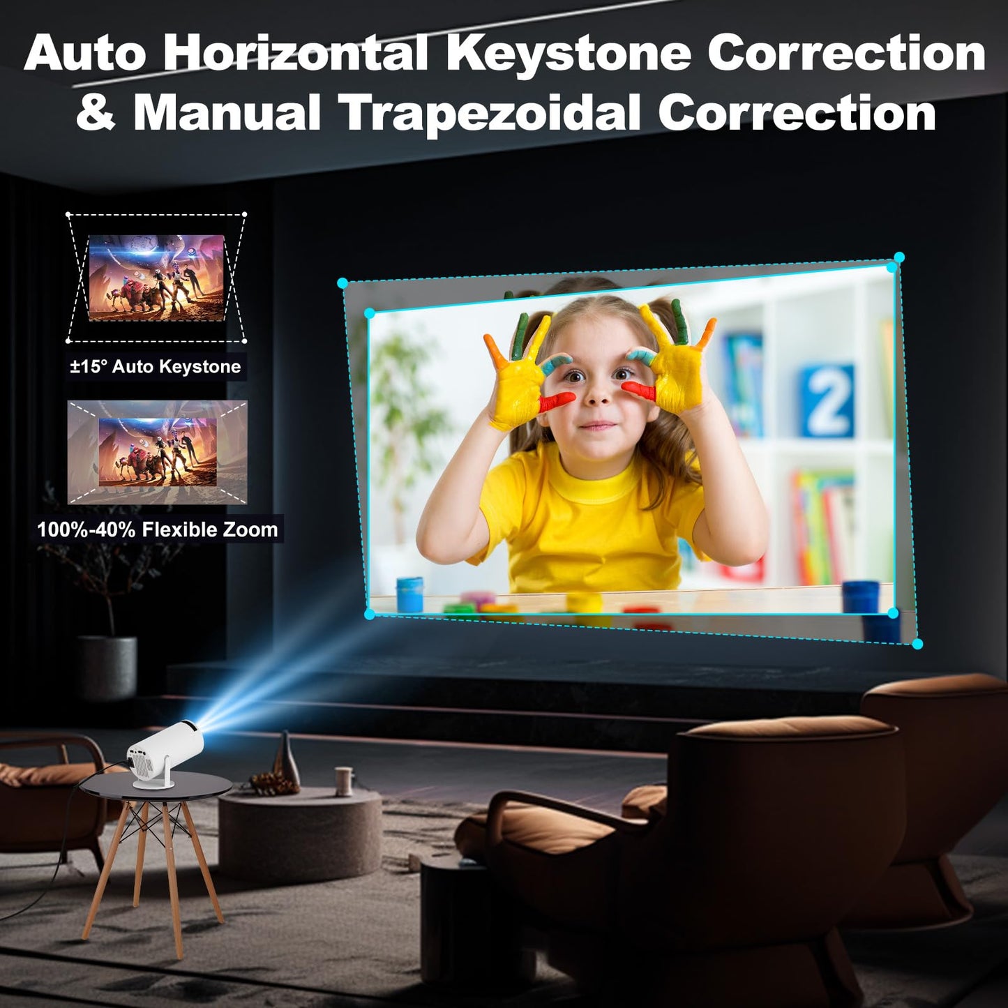 Mini Projector with WIFI 6 and Bluetooth, Support Portable Projector 180° Rotatable 130'' Screen Movie Projector Auto Keystone Compatible for Laptop, PC, Smartphone