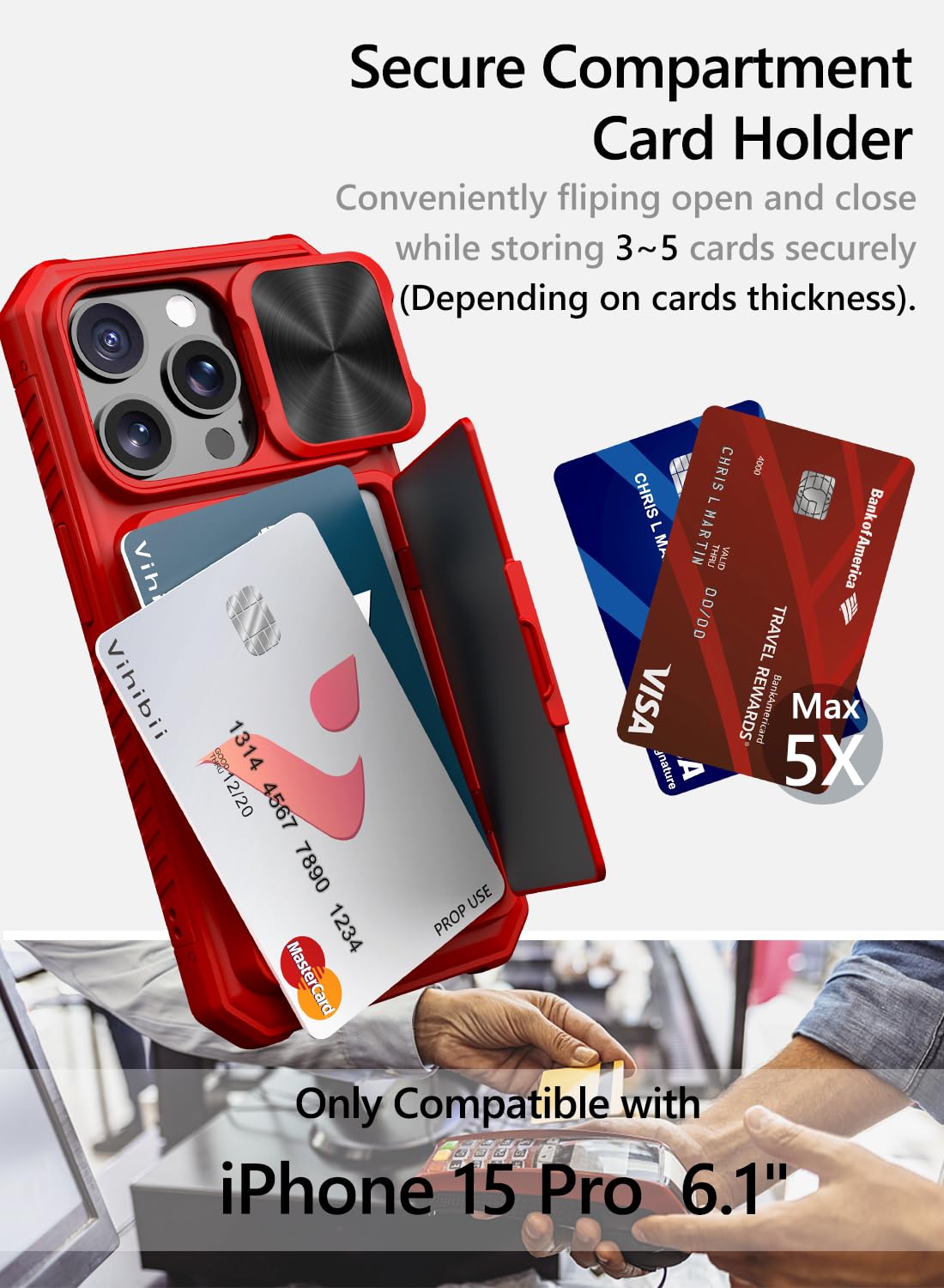 Vihibii for iPhone 15 Pro Max Case with Card Holder & Slide Camera Cover & Kickstand, Military Grade Drop Protection, Rugged Hard Back & Silicone Edge Wallet Phone Case