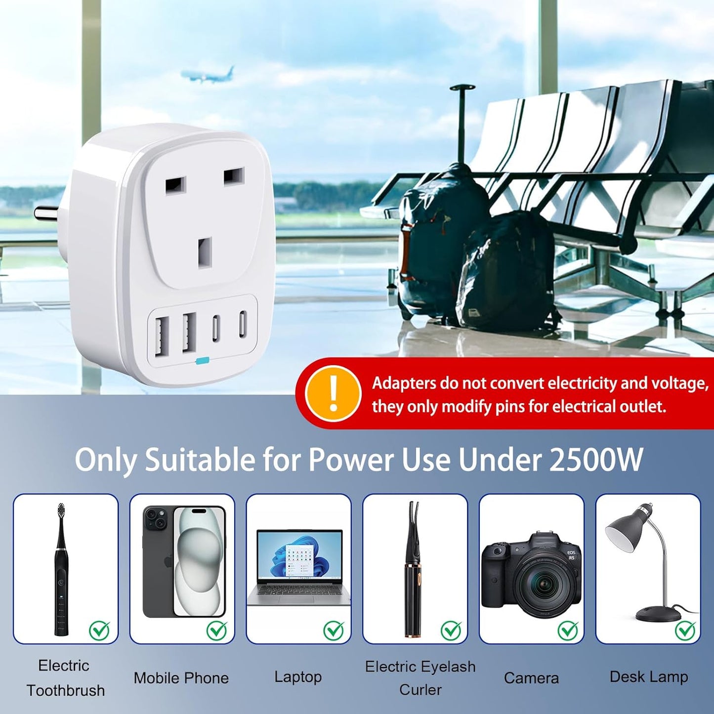 UK to European Plug Adapter, EU USB & USB C Travel Adaptor for Germany,France,Turkey,Spain,Greece,Poland,Egypt,Portugal,Crotia,Iceland, 5 in 1 UK to Europe Power Plugs with 2 USB & 2 USBC Ports