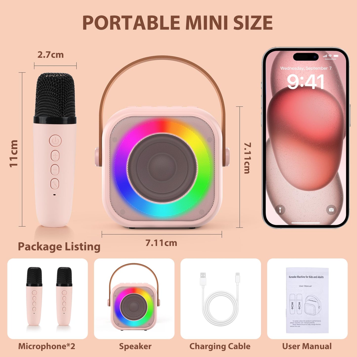 Jeefu Kids Karaoke Toys Machines with 1 Microphone, Toys for 3-12 Years Old Girls Gifts, Mini Kids Bluetooth Sperker Toy for Singing, Christmas Birthday Gifts
