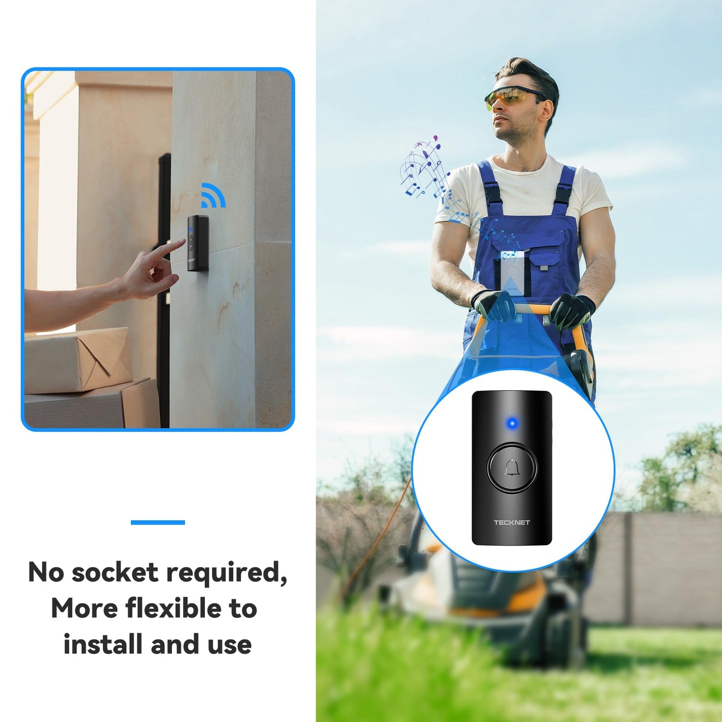 TECKNET Wireless Doorbell – Waterproof, Battery-Operated Cordless Chime Kit with 400M Range, 5 Volume Levels & 60 Chimes