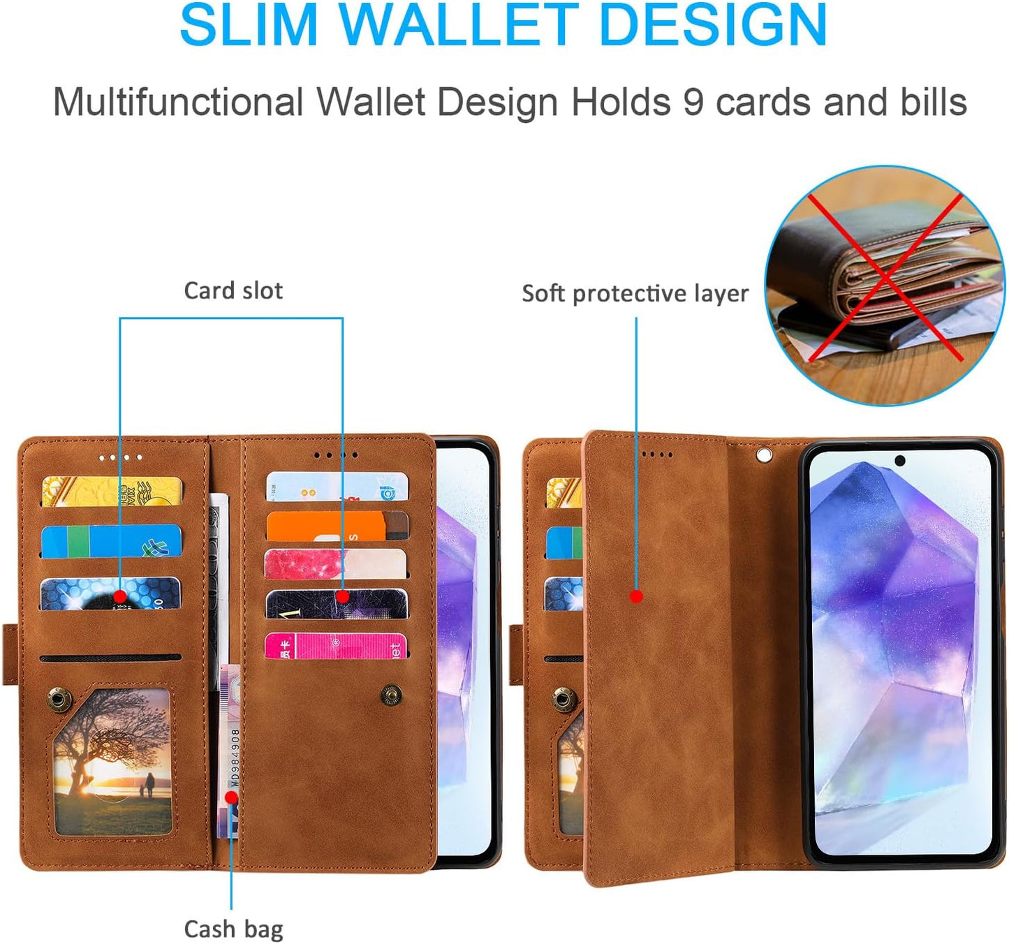 UEEBAI Wallet Case for Samsung Galaxy A15 – Retro PU Leather Flip Cover with 9 Card Slots, Zipper Pocket, Magnetic Closure, Kickstand & Wrist Strap, Shockproof Protective Case