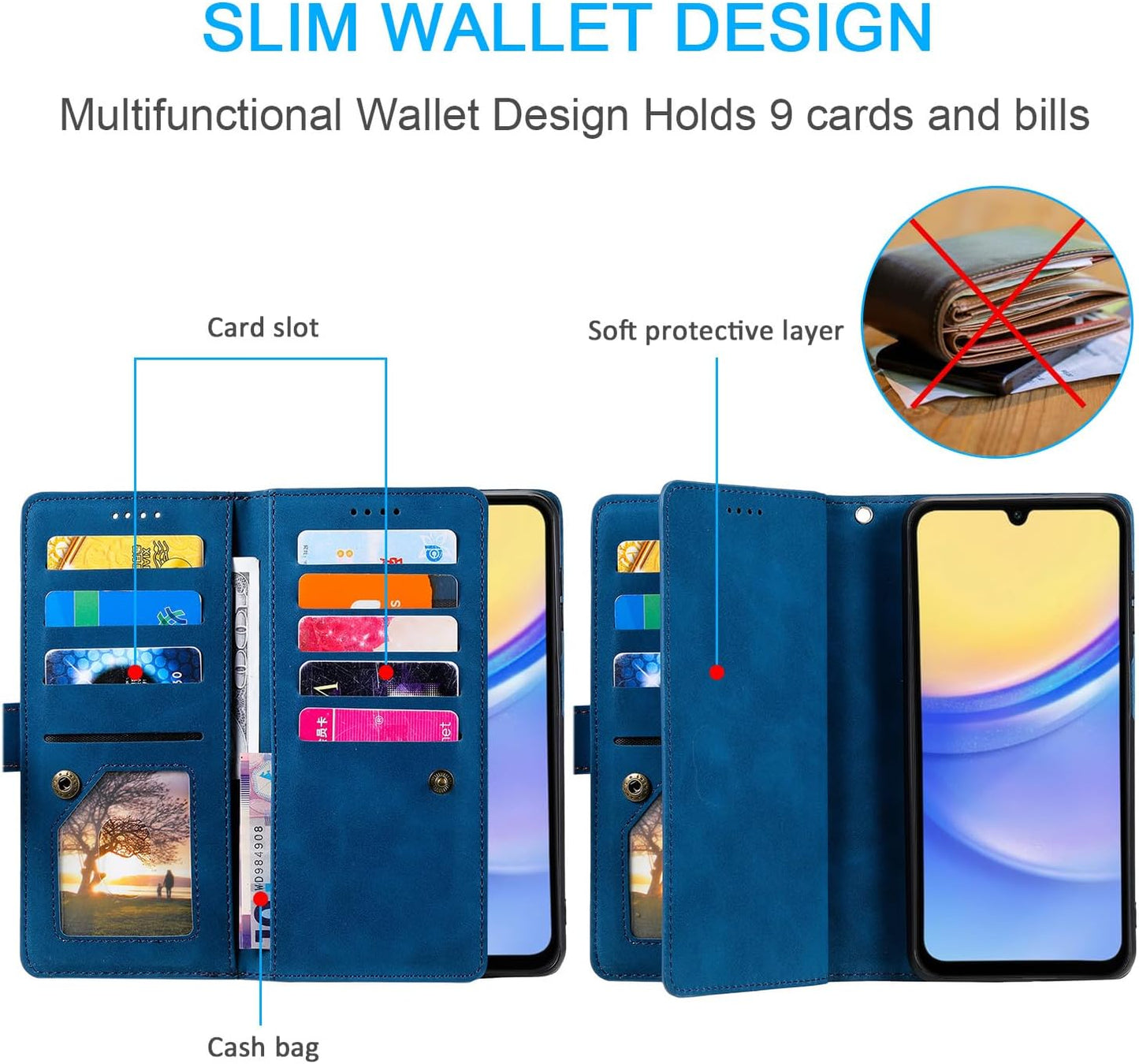 UEEBAI Wallet Case for Samsung Galaxy A15 – Retro PU Leather Flip Cover with 9 Card Slots, Zipper Pocket, Magnetic Closure, Kickstand & Wrist Strap, Shockproof Protective Case