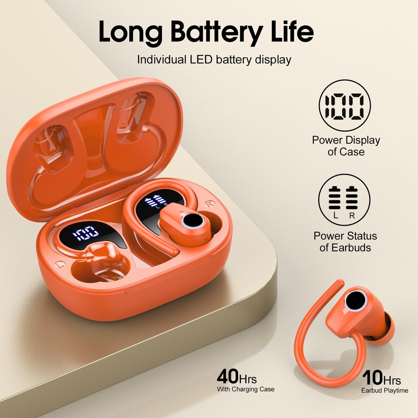 Waterproof Wireless Earbuds Bluetooth 5.3 – 4 ENC Noise Canceling Mics, 50H Battery, Dual LED Display, Sport Earhooks