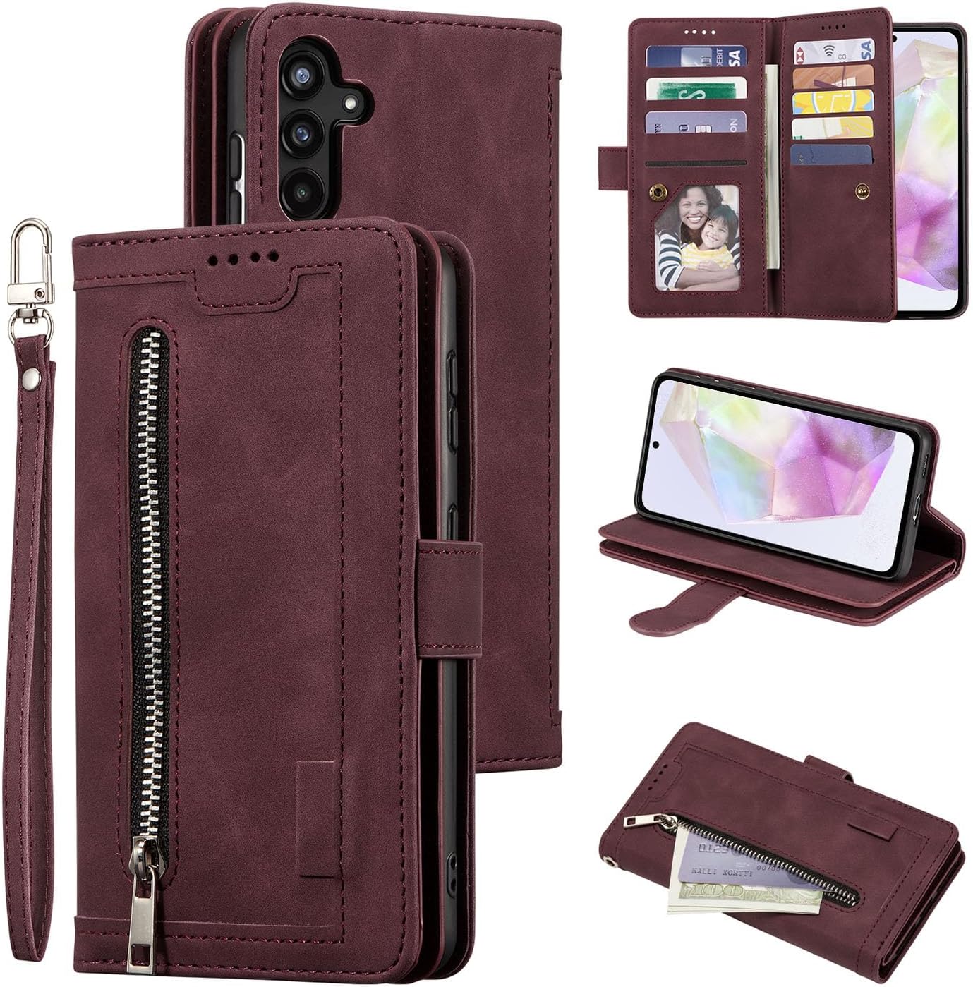 UEEBAI Wallet Case for Samsung Galaxy A15 – Retro PU Leather Flip Cover with 9 Card Slots, Zipper Pocket, Magnetic Closure, Kickstand & Wrist Strap, Shockproof Protective Case