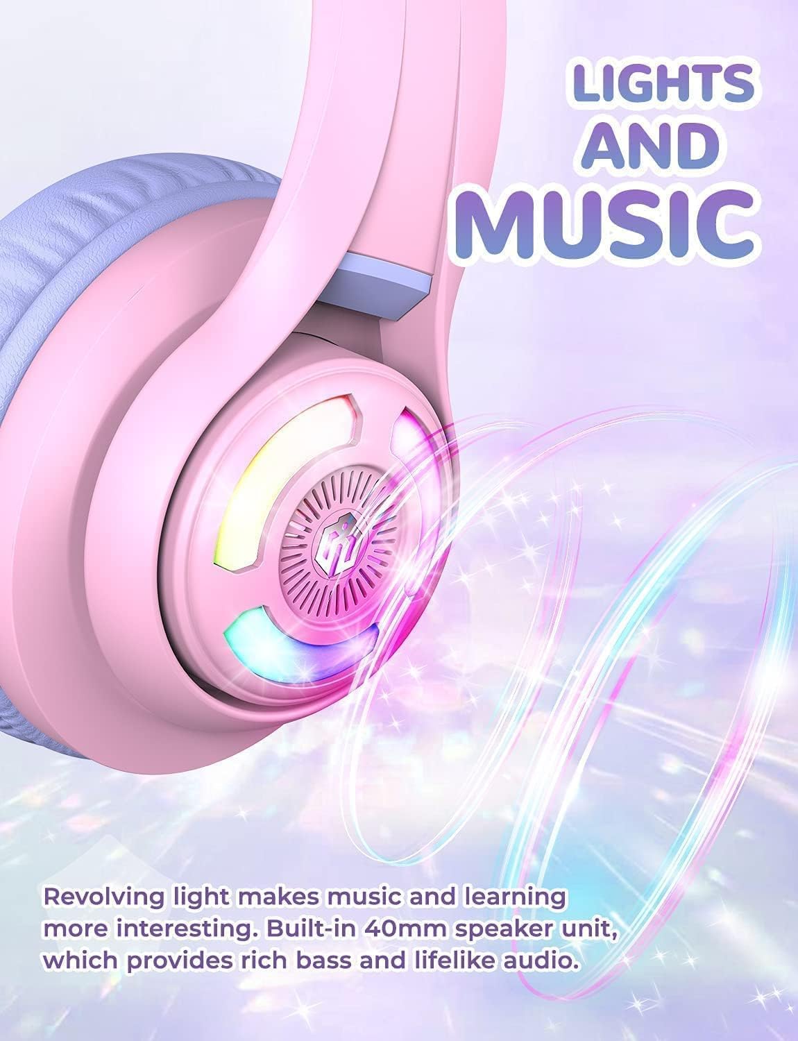 iClever Bluetooth Kids Headphones,Cat Ear LED Light Up Kids Wireless Headphones, 50H Playtime Volume Limiting Children Headphones with Microphone Over Ear for School/Tablet/PC