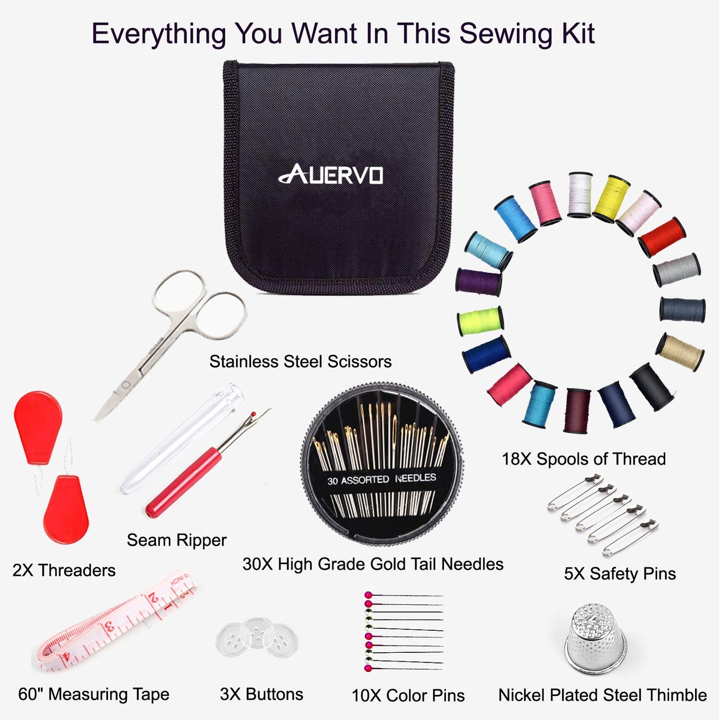 AUERVO Travel Mini Sewing Kit, Over 70 Premium Supplies, Filled with Needles, Scissors, Thimble, Thread, Tape Measure