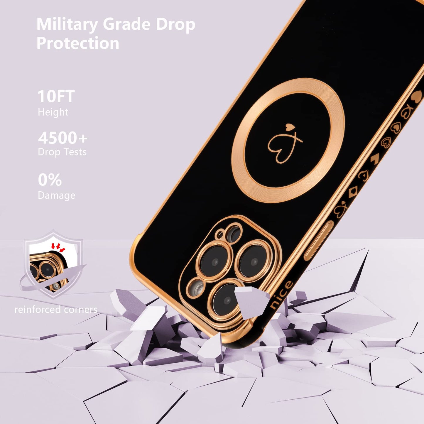 ZTOFERA Magnetic Case for iPhone 15 Pro Compatible with MagSafe, Flexible Soft Silicone Protective Phone with Cute Love Heart Pattern Golden Rim Shockproof Bumper Cover