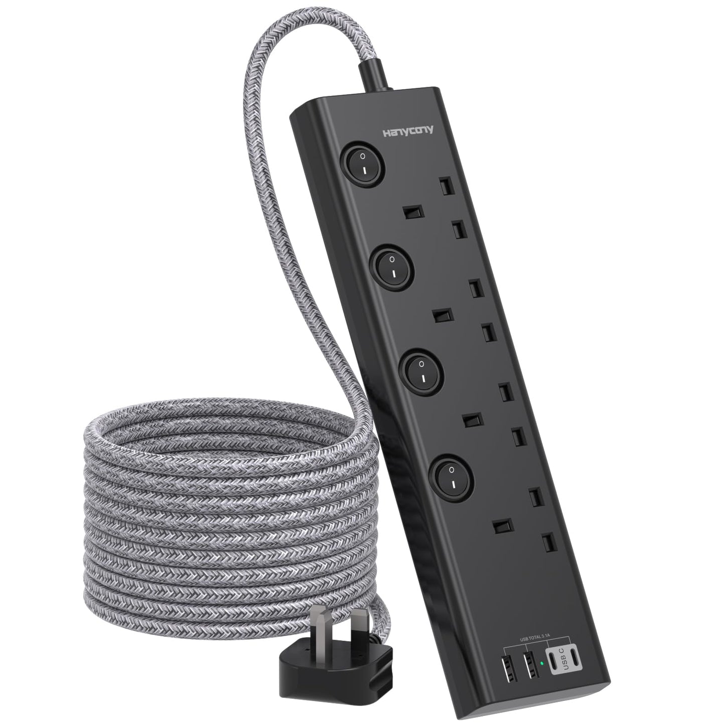 Extension Lead with 4 USB Slots(2 USB C), 4 Way Plug Extension Socket with Individual Switches, 1.8M Extension Cable, Wall Mount Extension Cord