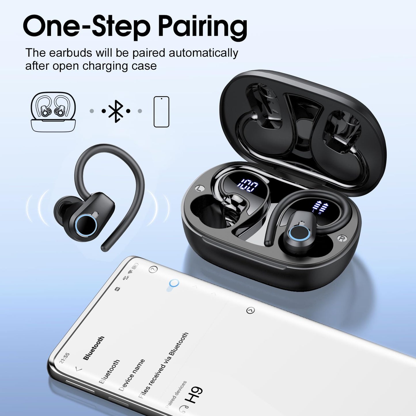 Wireless Earbuds, 2023 Earphones Bluetooth 5.3 Headphones Wireless, Earbuds with Earhooks,Waterproof Stereo Headphones Sport, Dual LED Display, Black